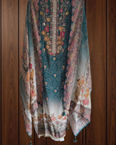 Elegant Crepe Digital Print Suit with Pearl & Mirror Highlights